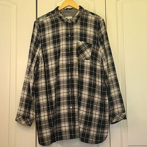 J. Jill Plaid Cotton Black White Long Sleeve Button Up Top Shirt Pockets Size XL
